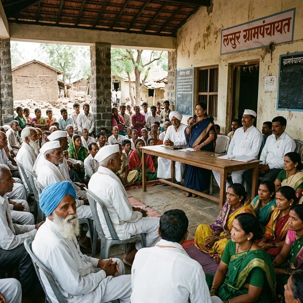 Village gram sabha meeting with local participants seated in an organized manner