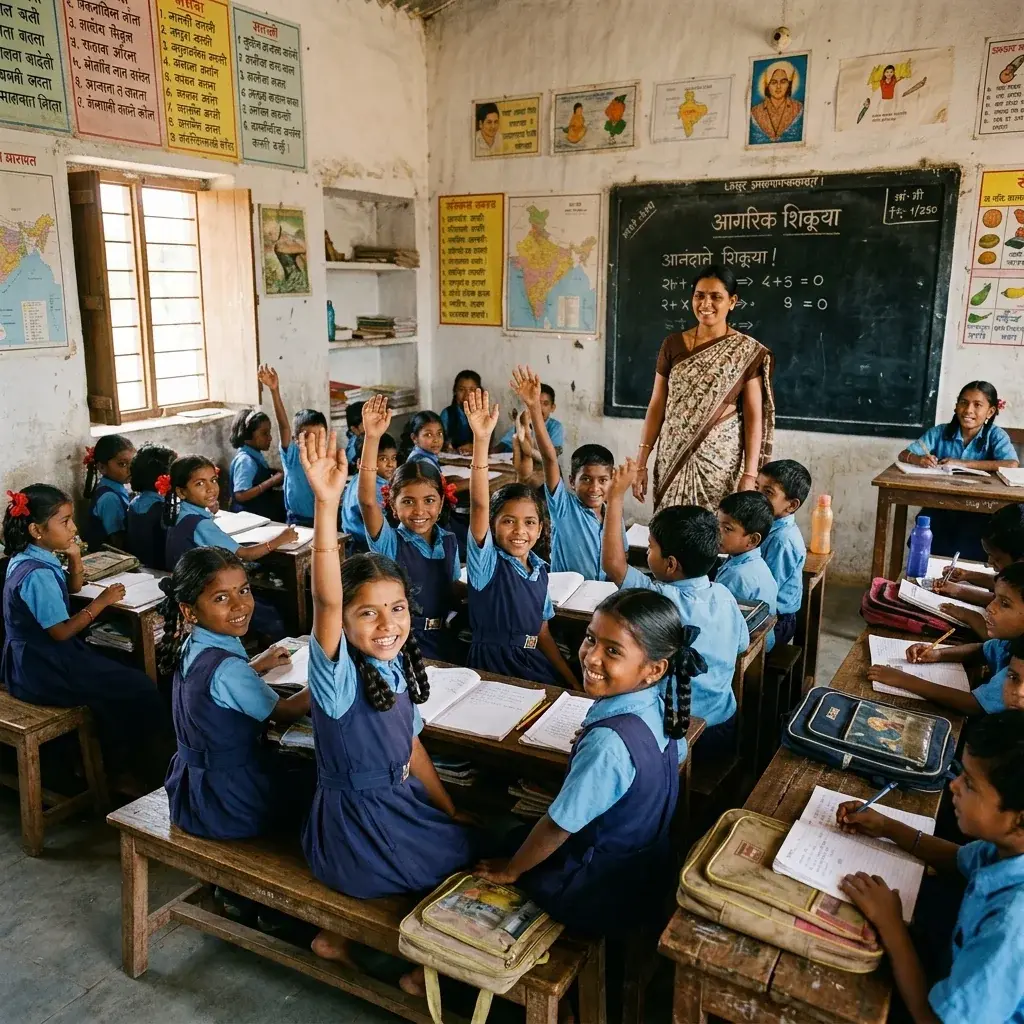 Children in a rural school classroom in India participating in an educational activity