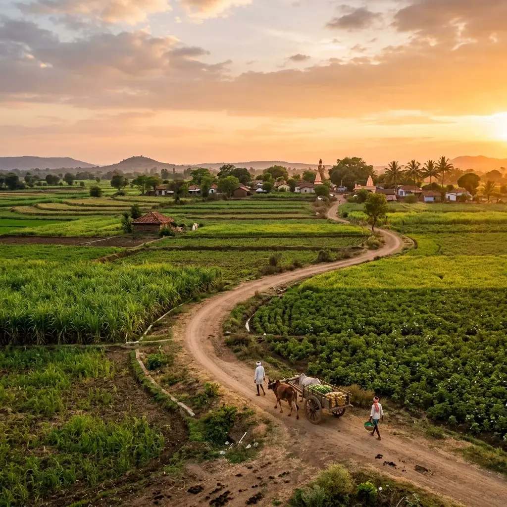 Scenic view of agricultural fields during sunset in a Maharashtrian village