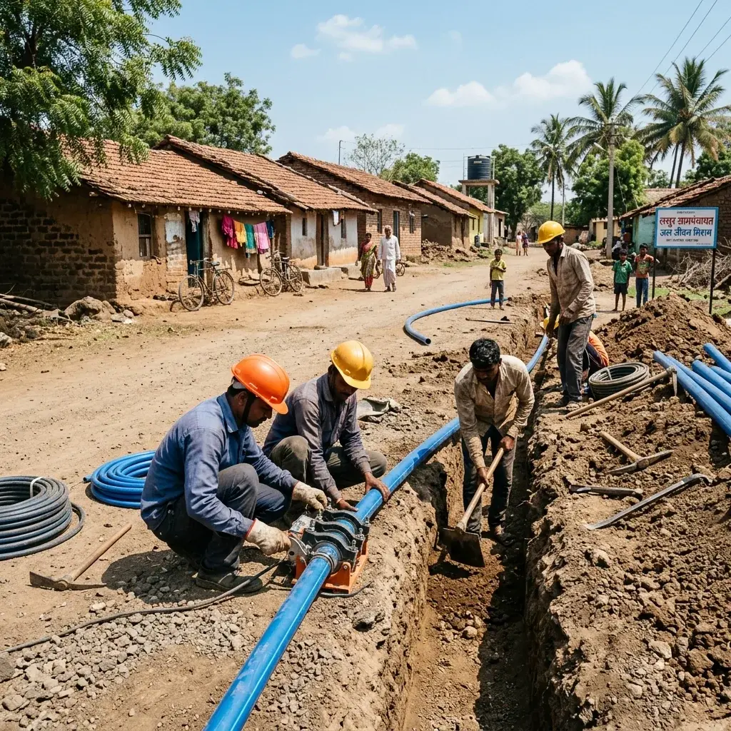 Workers during installation of a rural water pipe network as part of Jal Jeevan Mission