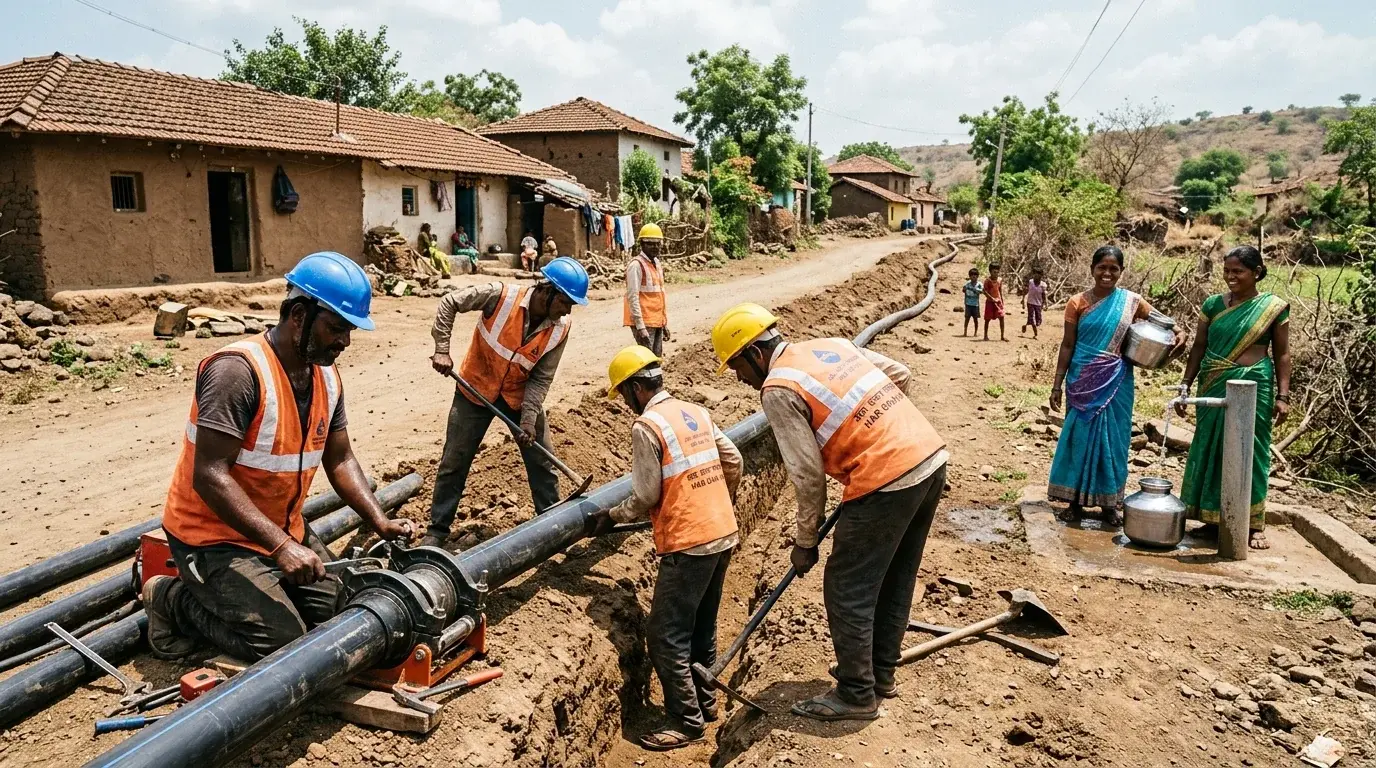 Workers installing rural water pipe network as part of Jal Jeevan Mission